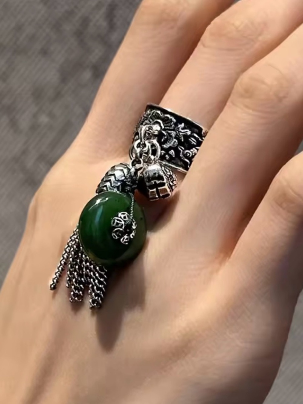 Green Stone Tassel Charm Silver Ring
